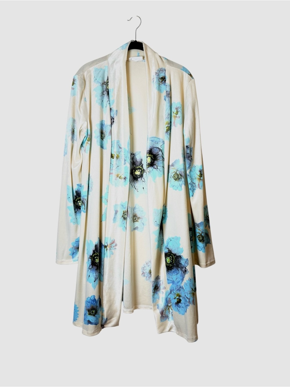 Vintage Myespa Blue Floral Velvet Feel Cardigan Duster 2XL Cozy Open Front